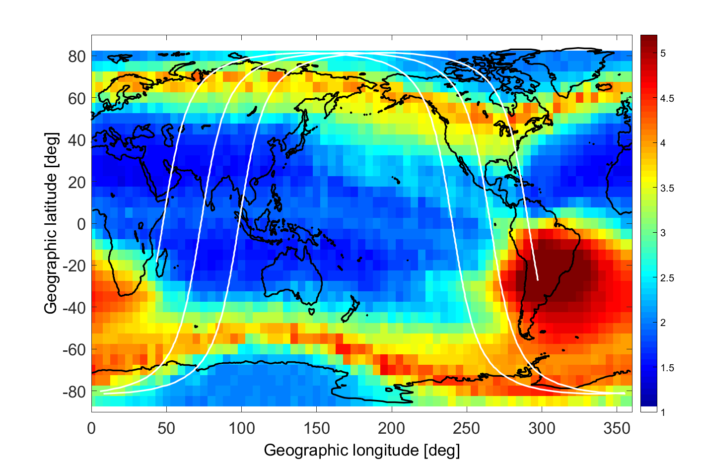 Geographic map of energetic electron precpitation.